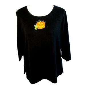 Quacker Factory Women's Black 3/4 Sleeve Embroidered Pumpkin Tee Shirt Size M.